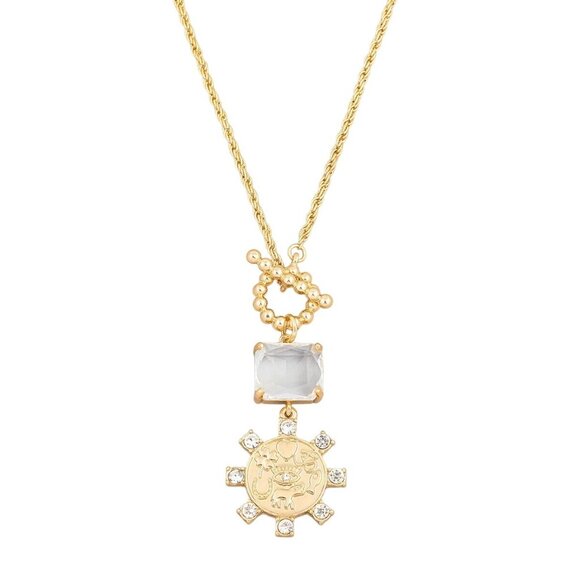 💜 Gold Tone Crystal Coin Charm Pendant Yoga Good Luck Toggle Necklace - Picture 2 of 5